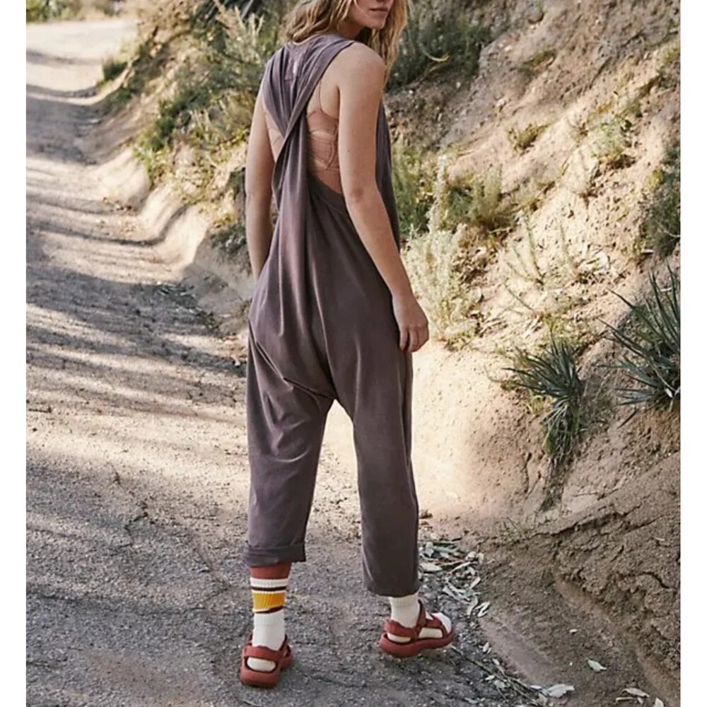 Free People Movement Washed Brown Sleeveless Hot Shot Twisted Jumpsuit Sz S - Picture 2 of 8